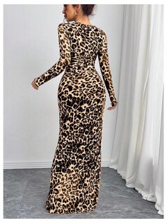 Foto 2 | Foto 2 | Vestido Largo De Manga Larga Fruncido Con Estampado De Guepardo Verdusa Para Mujer - Venta Internacional.