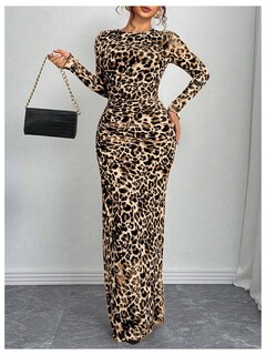 Foto 3 | Foto 3 | Vestido Largo De Manga Larga Fruncido Con Estampado De Guepardo Verdusa Para Mujer - Venta Internacional.