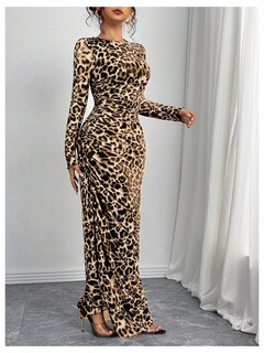 Foto 4 | Foto 4 | Vestido Largo De Manga Larga Fruncido Con Estampado De Guepardo Verdusa Para Mujer - Venta Internacional.