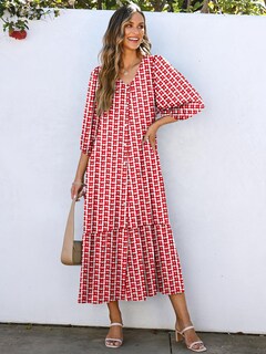 Foto 2 | Foto 2 | Vestido Largo Anrabess Bohemio De Verano Con Cuello En V Y Mangas Abullonadas Con Estampado Floral Rojo - Venta Internacional.