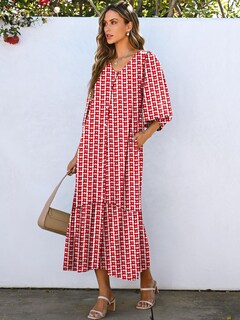 Foto 3 | Foto 3 | Vestido Largo Anrabess Bohemio De Verano Con Cuello En V Y Mangas Abullonadas Con Estampado Floral Rojo - Venta Internacional.