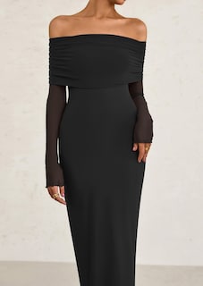 Foto 5 | Foto 5 | Vestido Largo Prettygarden Con Hombros Descubiertos Y Malla De Manga Larga, Negro - Venta Internacional.