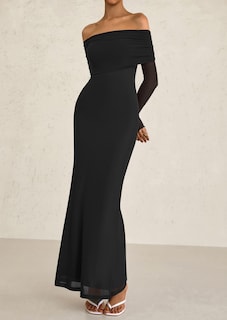 Foto 7 | Foto 7 | Vestido Largo Prettygarden Con Hombros Descubiertos Y Malla De Manga Larga, Negro - Venta Internacional.
