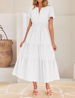 Foto 2 | Foto 2 | Vestido Midi Zesica Casual De Verano Con Cuello En V Y Cintura Elástica, Blanco - Venta Internacional.