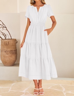 Foto 3 | Foto 3 | Vestido Midi Zesica Casual De Verano Con Cuello En V Y Cintura Elástica, Blanco - Venta Internacional.