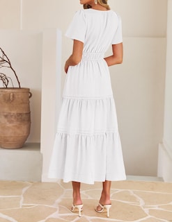 Foto 4 | Foto 4 | Vestido Midi Zesica Casual De Verano Con Cuello En V Y Cintura Elástica, Blanco - Venta Internacional.