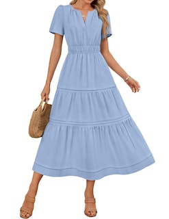 Foto 1 | Foto 1 | Vestido Midi Zesica, Casual De Verano, Cuello En V, Cintura Elástica, Azul - Venta Internacional.