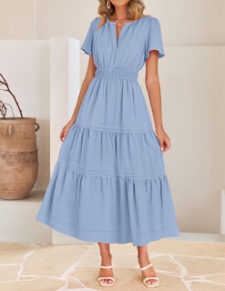 Foto 2 | Foto 2 | Vestido Midi Zesica, Casual De Verano, Cuello En V, Cintura Elástica, Azul - Venta Internacional.