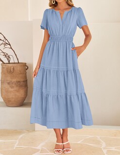 Foto 3 | Foto 3 | Vestido Midi Zesica, Casual De Verano, Cuello En V, Cintura Elástica, Azul - Venta Internacional.