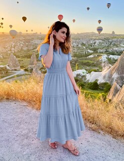 Foto 5 | Foto 5 | Vestido Midi Zesica, Casual De Verano, Cuello En V, Cintura Elástica, Azul - Venta Internacional.