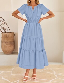 Foto 7 | Foto 7 | Vestido Midi Zesica, Casual De Verano, Cuello En V, Cintura Elástica, Azul - Venta Internacional.