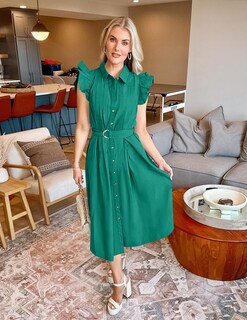 Foto 5 | Foto 5 | Vestido Midi Zesica 2025 Summer Boho Botón Cuello En V Verde Oscuro - Venta Internacional.