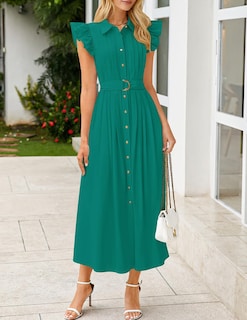 Foto 7 | Foto 7 | Vestido Midi Zesica 2025 Summer Boho Botón Cuello En V Verde Oscuro - Venta Internacional.