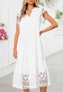 Foto 2 | Foto 2 | Vestido Merokeety 2025 De Verano De Manga Corta A Media Pierna Con Cuello En V, Blanco - Venta Internacional.