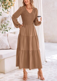 Foto 4 | Foto 4 | Vestido Midi Prettygarden Para Mujer Con Cuello En V Fruncido Y Manga Larga - Venta Internacional.