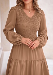 Foto 5 | Foto 5 | Vestido Midi Prettygarden Para Mujer Con Cuello En V Fruncido Y Manga Larga - Venta Internacional.