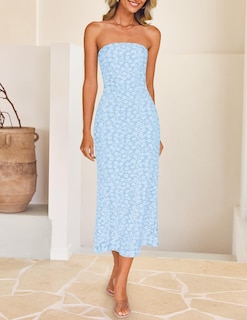 Foto 7 | Foto 7 | Vestido Zesica 2025 Summer Boho Floral Sin Tirantes Bodycon Azul - Venta Internacional.
