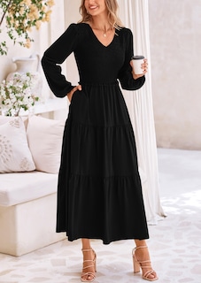 Foto 4 | Foto 4 | Vestido Midi Prettygarden Para Mujer Con Cuello En V Fruncido Y Manga Larga - Venta Internacional.