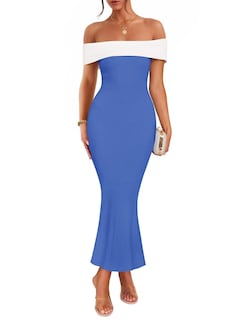 Foto 1 | Foto 1 | Vestido Largo Zesica 2025 Para Verano Con Hombros Descubiertos, Color Azul Bloque - Venta Internacional.
