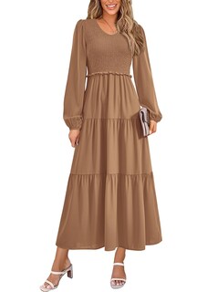 Foto 1 | Foto 1 | Vestido Midi Prettygarden Para Mujer Con Cuello En V Fruncido Y Manga Larga - Venta Internacional.