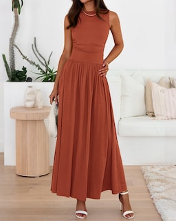 Foto 5 | Foto 5 | Vestido Largo Btfbm De Verano Sin Mangas Y Cintura Alta Fruncido Para Mujer - Venta Internacional.