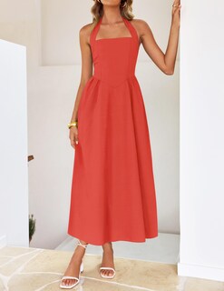 Foto 7 | Foto 7 | Vestido De Verano Zesica, Sin Mangas, Halter, Midi, Color Rojo Sandía - Venta Internacional.
