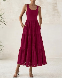 Foto 5 | Foto 5 | Vestido Midi Btfbm Para Mujer Con Ojales De Verano, Sin Mangas, Rojo Oscuro - Venta Internacional.