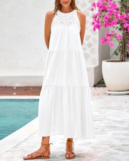 Foto 4 | Foto 4 | Vestido Btfbm Summer Halter Para Mujer, Casual, Bohemio, Vestido De Verano, Blanco - Venta Internacional.