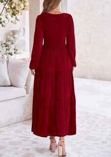 Foto 2 | Foto 2 | Vestido Midi Prettygarden Para Mujer, Cuello En V, Color Rojo Vino, Manga Larga - Venta Internacional.