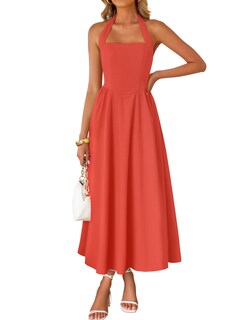 Foto 1 | Foto 1 | Vestido De Verano Zesica, Sin Mangas, Halter, Midi, Color Rojo Sandía - Venta Internacional.