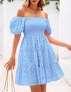 Foto 4 | Foto 4 | Vestido Prettygarden De Verano Para Mujer, Manga Abullonada, Con Ojales, Azul - Venta Internacional.