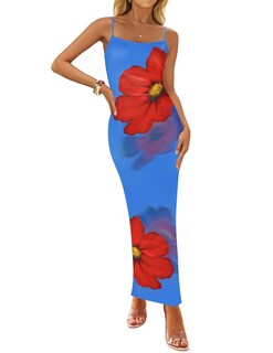 Foto 1 | Foto 1 | Vestido Largo Zesica Para Mujer, Estampado Floral, Tirantes Finos, Color Azul - Venta Internacional.