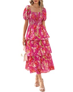 Foto 1 | Foto 1 | Vestido Casual Btfbm Maxi Floral Fruncido Con Cuello Cuadrado Para Mujer - Venta Internacional.