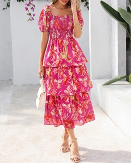 Foto 2 | Foto 2 | Vestido Casual Btfbm Maxi Floral Fruncido Con Cuello Cuadrado Para Mujer - Venta Internacional.