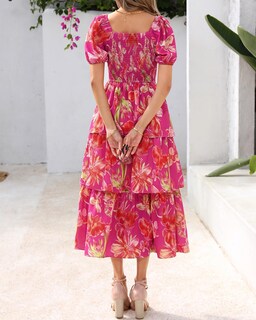 Foto 3 | Foto 3 | Vestido Casual Btfbm Maxi Floral Fruncido Con Cuello Cuadrado Para Mujer - Venta Internacional.