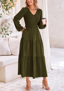 Foto 4 | Foto 4 | Vestido Midi Prettygarden Para Mujer Con Cuello En V Fruncido Y Manga Larga - Venta Internacional.