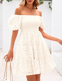 Foto 4 | Foto 4 | Vestido Prettygarden Para Mujer, Con Mangas Abullonadas, De Verano, Con Ojales, Blanco - Venta Internacional.
