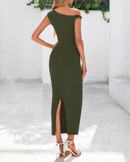 Foto 3 | Foto 3 | Vestido De Cóctel Btfbm Con Un Solo Hombro Y Correa Torcida, Fruncido, Verde Militar - Venta Internacional.