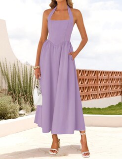 Foto 2 | Foto 2 | Vestido De Verano Zesica, Sin Mangas, Halter, Midi, Morado Claro, Para Mujer - Venta Internacional.