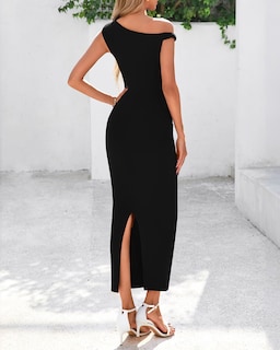 Foto 3 | Foto 3 | Vestido De Cóctel Btfbm Con Un Solo Hombro Y Correa Torcida, Fruncido, Negro - Venta Internacional.