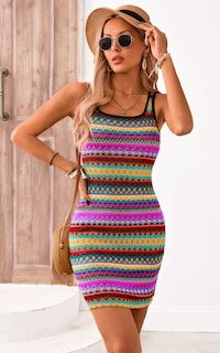 Foto 4 | Foto 4 | Minivestido Prettygarden 2025 De Verano Con Cuello Cuadrado A Rayas, Estilo Bohemio - Venta Internacional.