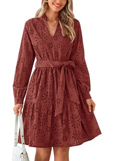 Foto 1 | Foto 1 | Vestido Prettygarden Para Mujer, Manga Larga, Cuello En V, Línea A, Marrón Y Rojo - Venta Internacional.