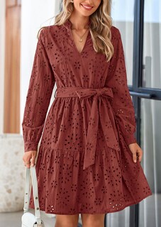 Foto 3 | Foto 3 | Vestido Prettygarden Para Mujer, Manga Larga, Cuello En V, Línea A, Marrón Y Rojo - Venta Internacional.