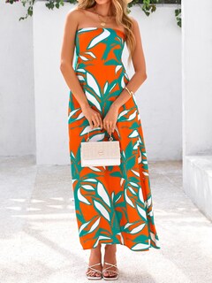 Foto 3 | Foto 3 | Vestido Largo Mascomoda Summer Boho Floral Tube Top Naranja Verde - Venta Internacional.