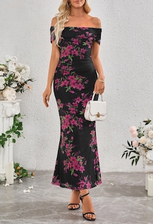 Foto 2 | Foto 2 | Vestido Largo Merokeety Para Mujer Con Hombros Descubiertos, Estampado Floral, Negro - Venta Internacional.