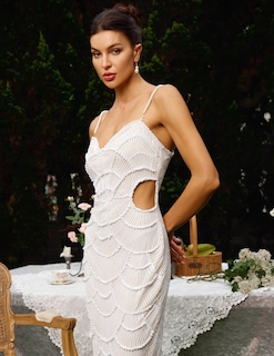 Foto 6 | Foto 6 | Vestido De Noche Bella Barnett, Maxi Blanco Y Perlado Con Lentejuelas - Venta Internacional.