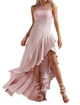 Vestido Bella Barnett De Satén Rosa Sin Mangas Con Volantes Maxi Para Mujer - Venta Internacional.