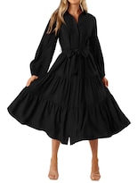 Vestido Mascomoda Para Mujer, Manga Larga, Otoño 2024, Midi, Negro - Venta Internacional.