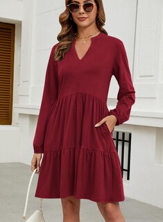 Foto 3 | Foto 3 | Vestido Túnica Qacohu 2024 Con Cuello En V Y Manga Larga, Color Rojo Vino Para Mujer - Venta Internacional.
