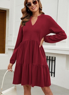 Foto 4 | Foto 4 | Vestido Túnica Qacohu 2024 Con Cuello En V Y Manga Larga, Color Rojo Vino Para Mujer - Venta Internacional.